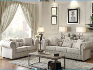 Sofa Tamu Minimalis Chesterfield White Fabric Elegant RF-0050